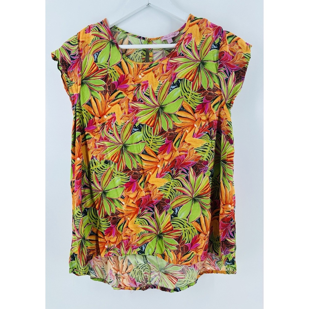 Rose & Rhyme Shirt Womens Large Rayon‎ Floral Hawaiian Tropical Colorful BB20